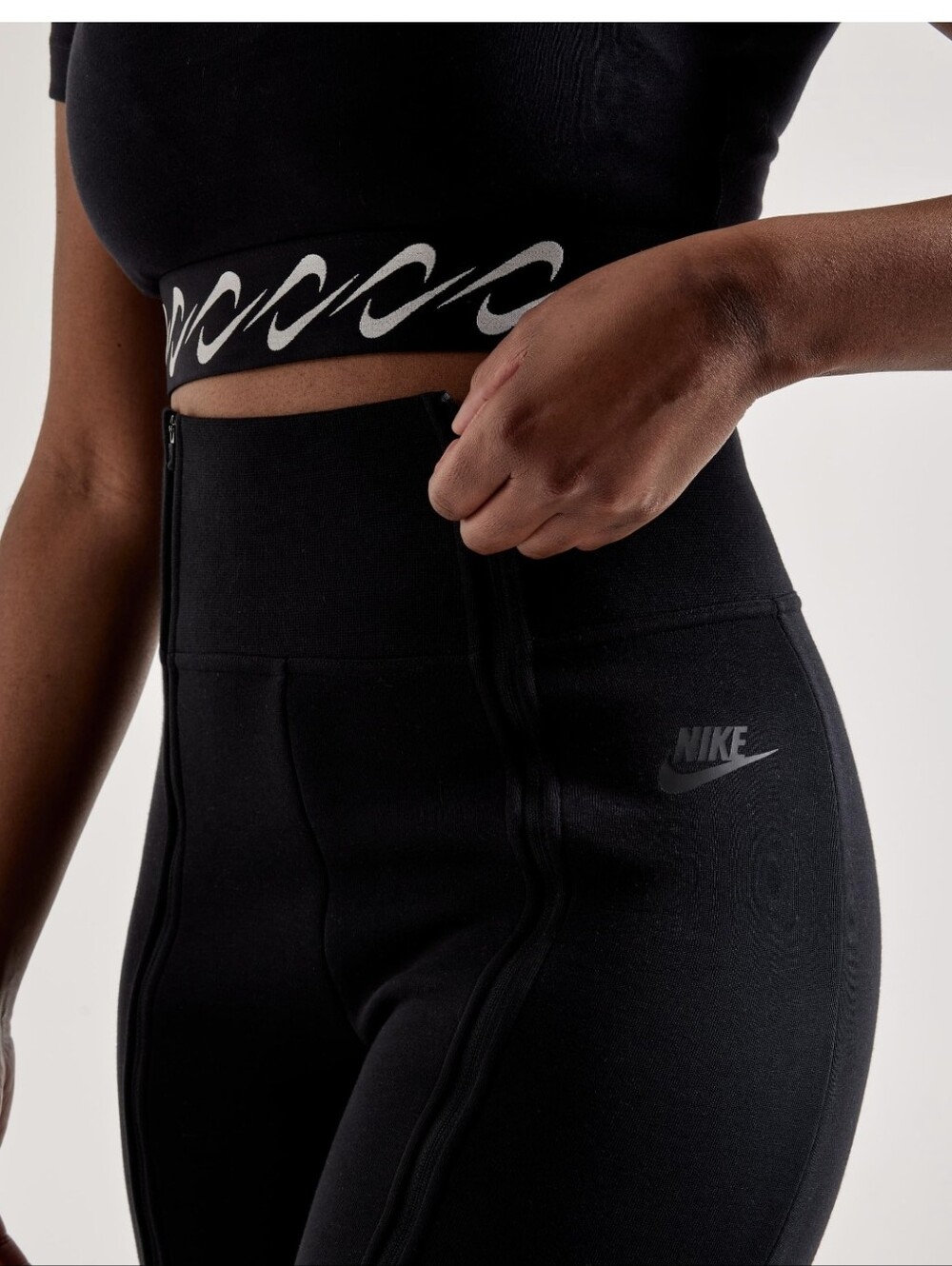 NIke Women's Black Tech Fleece High-Waisted Slim Zip Pants Tonol Logo Ankel Zip - Picture 3 of 10